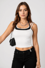 Kadın Siyah Beyaz Çift Renk Çapraz Askılı Crop Top Bluz - Görsel 3