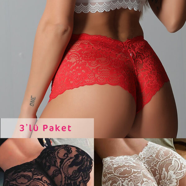 Kadın Siyah Beyaz Kırmızı 3&apos;lü Paket Dantel Tanga Şort Külot – Modern ve Şık Tasarım