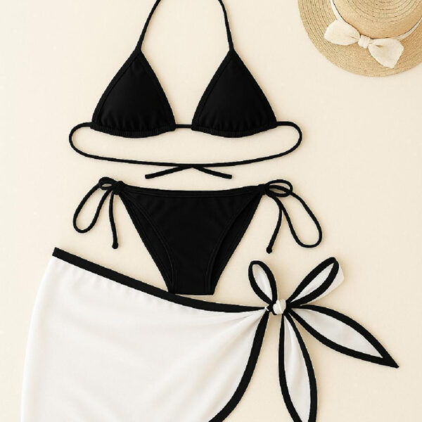 Kadın Siyah Beyaz Pareolu Yandan ve Boyundan Bağlamalı 3&apos;lü Bikini Takımı – Modern, Konforlu ve Günlük Kombinlere Uygun