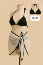 Kadın Siyah Beyaz Pareolu Yandan ve Boyundan Bağlamalı 3&apos;lü Bikini Takımı – Modern, Konforlu ve Günlük Kombinlere Uygun - Görsel 2