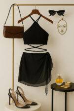 Kadın Siyah Çapraz Bağlamalı Crop ve Pareo 2&apos;li Set – Modern ve Şık Tasarım - Görsel 4