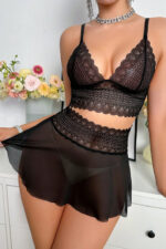 Kadın Siyah Dantel ve Tül Detaylı Etekli Şık Gecelik Takımı – Modern, Konforlu - Görsel 4