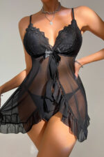 Kadın Siyah Dantelli, Fırfırlı Tül ve Fiyonk Detaylı Tangalı Gecelik Takımı - Görsel 5