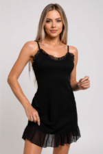 Kadın Siyah Etek Ucu ve Göğsü Fırfırlı Tül Detaylı Gecelik – Modern ve Şık Tasarım