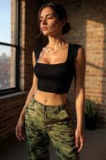 Kadın Siyah Kare Yaka Kalınlaşan Omuz Detaylı Crop Top Bluz - Görsel 2