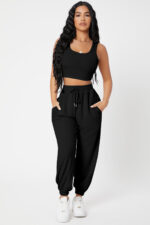 Kadın Siyah Kaşkorse Cepli Jogger Eşofman Altı ve Crop Top Bluz - Görsel 3