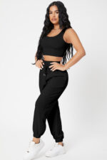 Kadın Siyah Kaşkorse Cepli Jogger Eşofman Altı ve Crop Top Bluz - Görsel 5