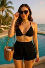 Kadın Siyah Şortlu Belden ve Boyundan Bağlamalı Bikini Takımı – Modern, Konforlu ve Günlük Kombinlere Uygun - Görsel 2