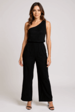 Kadın Siyah Tek Omuzlu Şık Bluz & Geniş Paça Pantolon İkili Takım – Modern, Konforlu ve Günlük Kombinlere Uygun - Görsel 2