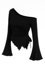 Kadın Siyah Uzun İspanyol Kollu Asimetirik Yaka Yandan Bağlamalı Drapeli Bluz - Görsel 3