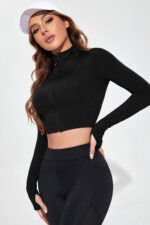Kadın Siyah Uzun Kol Fermuarlı Parmak Geçme Detaylı Dik Yaka Crop Top Bluz - Görsel 5