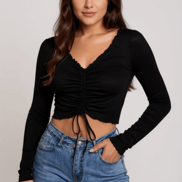 Kadın Siyah Uzun Kollu Büzdürme Bağcık Detaylı Crop Top Bluz – Şık, Rahat ve Kolay Kombinlenebilir