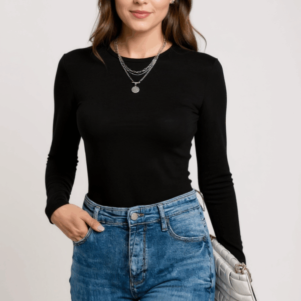 Kadın Siyah Uzun Kollu Fit Basic Crop Top Bluz