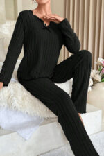 Kadın Siyah Uzun Kollu Fiyonklu Yuvarlak Yaka Mevsimlik Pijama Takımı - Görsel 2