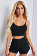 Kadın Siyah Yanları ve Sırtı Dantel Detaylı Çift Sıra İnce Lastikli Şortlu Gecelik Takım - Görsel 2