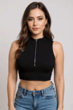 Kadın Siyah Yarım Fermuarlı Sıfır Kol Crop Top Bluz – Şık, Rahat ve Kolay Kombinlenebilir - Görsel 3