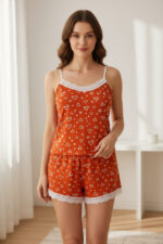Kadın Turuncu Kalp Desenli Askılı Şortlu Dantelli Pijama Takımı - Görsel 2