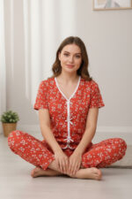 Kadın Turuncu Kalp Desenli Fiyonklu Kısa Kollu Uzun Pijama Takımı - Görsel 2