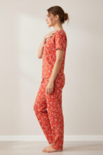 Kadın Turuncu Kalp Desenli Fiyonklu Kısa Kollu Uzun Pijama Takımı - Görsel 4