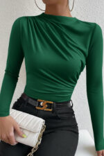 Kadın Yeşil Belden ve Boyundan Büzgü Detaylı Uzun Kollu Bluz