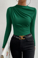 Kadın Yeşil Belden ve Boyundan Büzgü Detaylı Uzun Kollu Bluz - Görsel 4