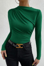 Kadın Yeşil Belden ve Boyundan Büzgü Detaylı Uzun Kollu Bluz - Görsel 5