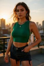 Kadın Yeşil Kare Yaka Crop Top Bluz – Şık, Rahat ve Kolay Kombinlenebilir