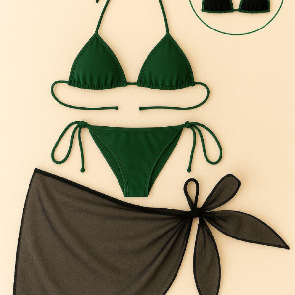 Kadın Yeşil Siyah Pareolu Yandan ve Boyundan Bağlamalı 3&apos;lü Bikini Takımı – Modern, Konforlu ve Günlük Kombinlere Uygun