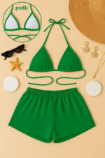 Kadın Yeşil Şortlu Belden ve Boyundan Bağlamalı Bikini Takımı – Modern, Konforlu ve Günlük Kombinlere Uygun - Görsel 3