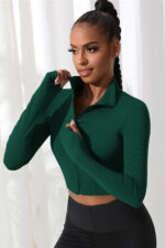 Kadın Yeşil Uzun Kol Fermuarlı Parmak Geçme Detaylı Dik Yaka Crop Top Bluz - Görsel 5