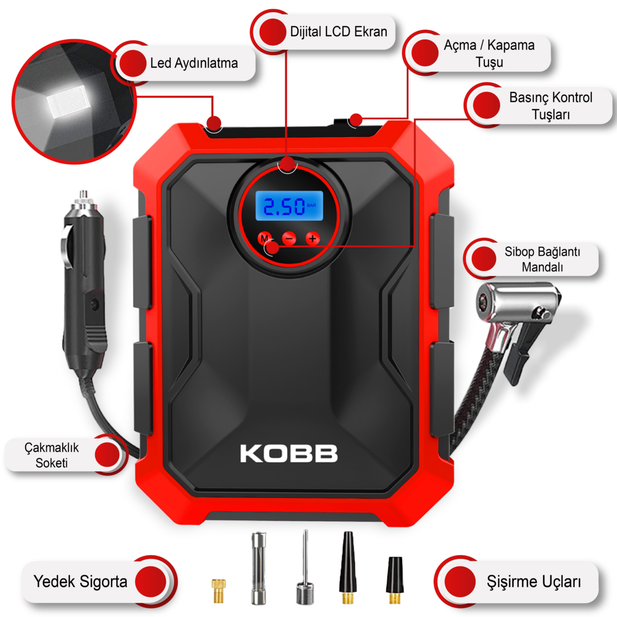 KOBB KB200 12Volt 150 PSI Ayarlanabilir Dijital Basınç Göstergeli Hava Lastik Şişirme Pompası - Görsel 2