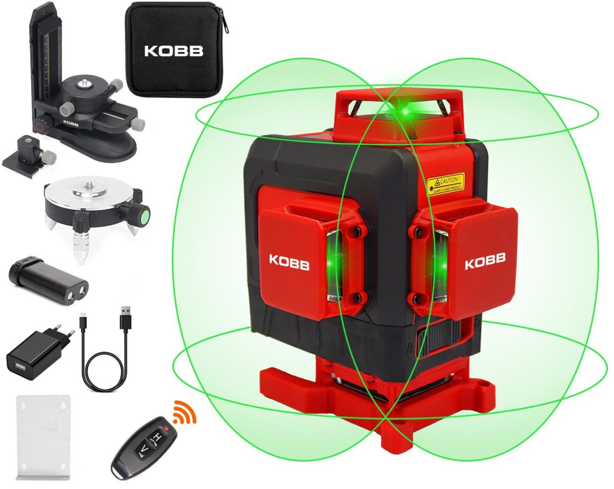 KOBB KBL35G Profesyonel Li-ion Şarjlı 4X360⁰ Otomatik Hizalamalı Yeşil Çapraz Çizgi Lazer Distomat+Uzaktan Kumanda - Görsel 1