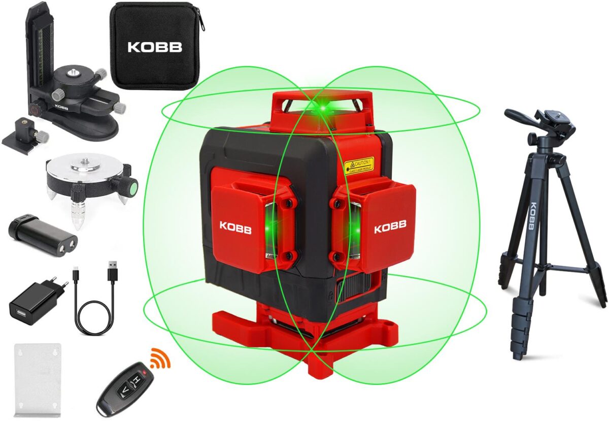 KOBB KBL35GTP Profesyonel Li-ion Şarjlı 4X360⁰ Otomatik Hizalamalı Yeşil Çapraz Çizgi Lazer Distomat+Tripod - Görsel 1