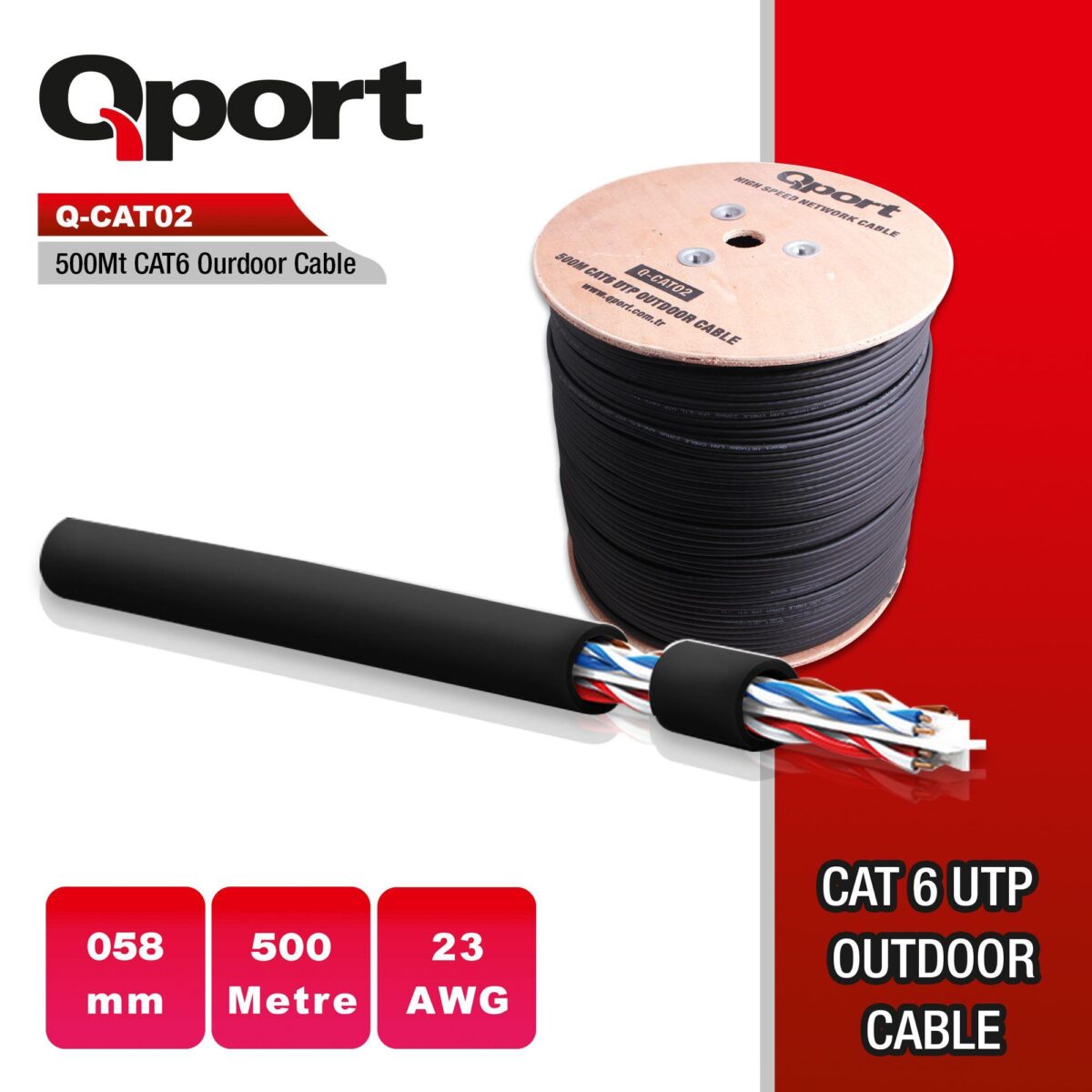 QPORT Q-CATO2 CAT6 23 AWG UTP 500M OUTDOOR KABLO - Görsel 1