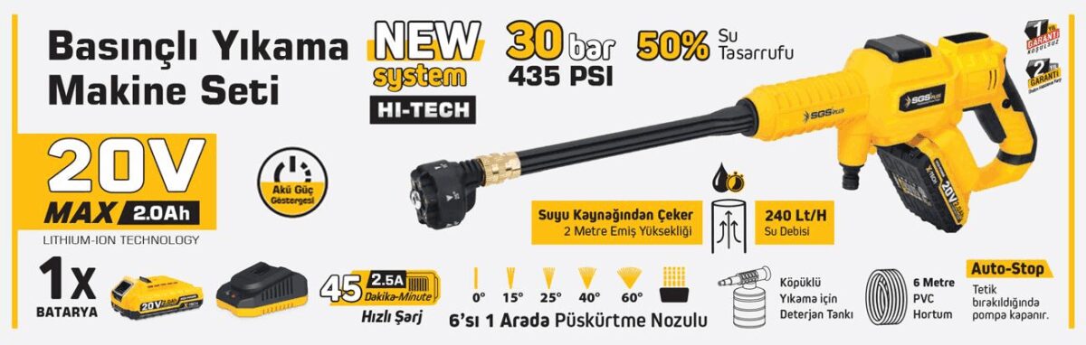 Sgs 5410 Akülü Basınçlı Oto Araba Bahçe Yıkama Tabancası Seti 30 Bar - Görsel 2